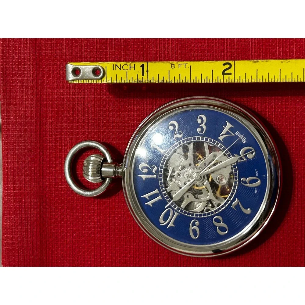 Majesti Skeleton Pocket Watch Blue Dial Mechanical Silver Tone Case